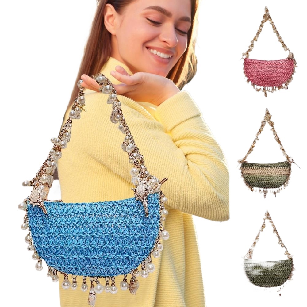 Small Purse Summer Straw Beach Elegant Faux Pearl Shell Fishstar Decor Handbag With Chain Straps Women's Shoulder Bag