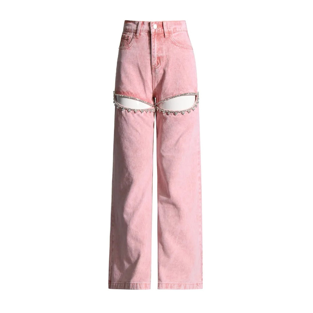 VGH High Street Spliced Diamonds Denim Trousers for Women High Waist Hollow Out Patchwork Pocket Wide Leg Pants Female Style 250212