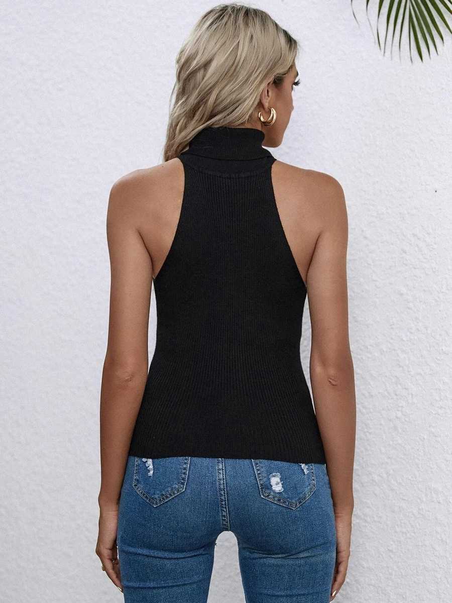 On Sale New Women Turtleneck Sveless Ribbed Knit Top Wear Clothes Femme High Stretch Y2k Cropped Tank Vest T-shirtsXJ250212