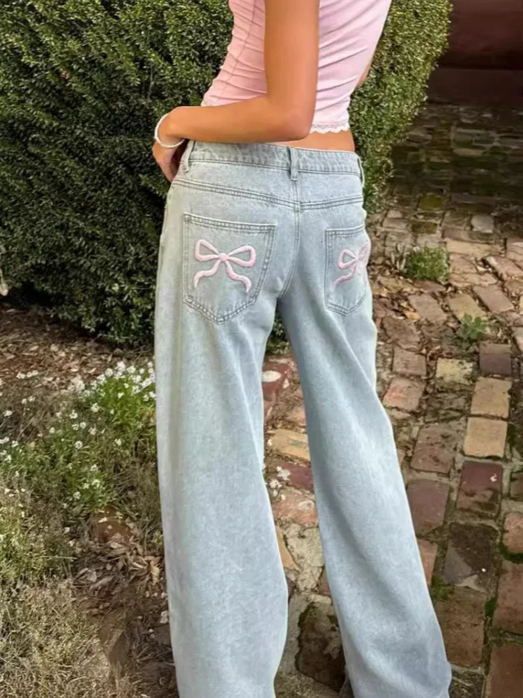ZOENOVA Bow Embroidery Blue Jeans For Women High Quality High Waist American Wide Leg Pants Y2k Vintage Straight Summer Trousers 250212