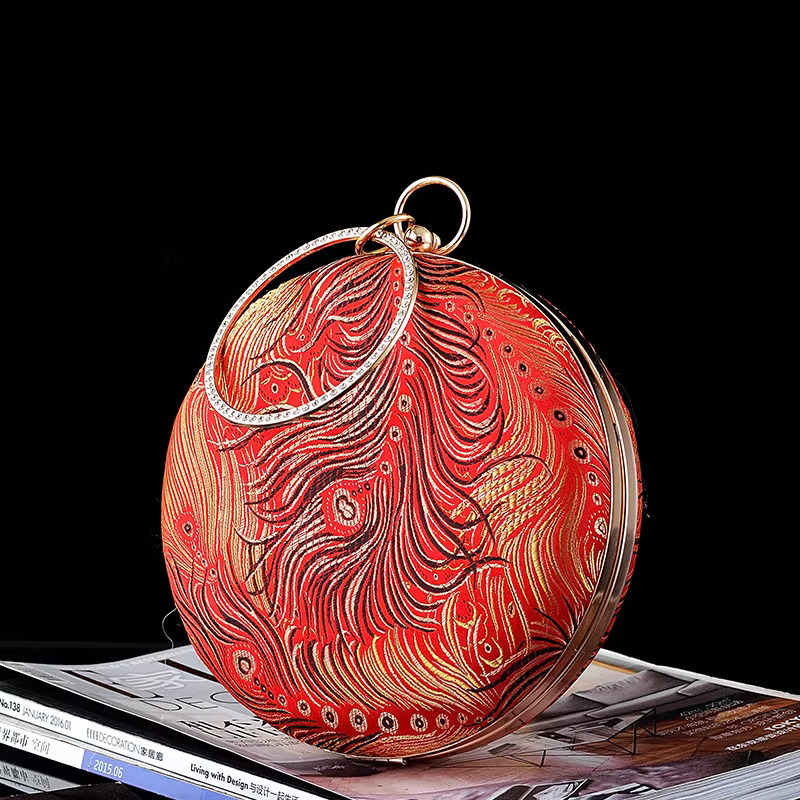 Retro Blue Green Pea Feather Embroidery Round Clutches Evening Bags Fashion Small Handbag For Women Chain Shoulder Bag Purse