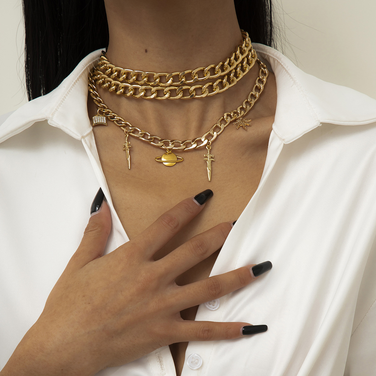 New fashion necklace lock alloy multi-layer set exaggerated street style designer sword pendant accessories for women