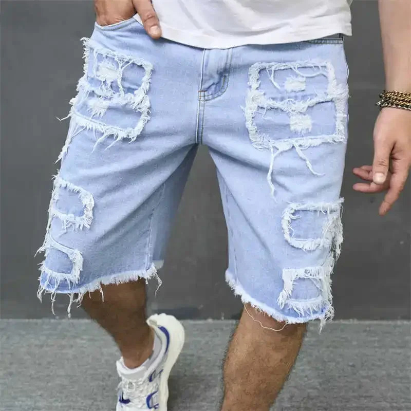 Denim Hole Knee Length Men Washed Jean Mid Waist Spliced Ripped Pockets Loose Fit Distressed Straight Pants 2025 Casual Shorts 250211