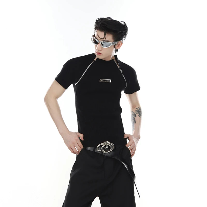 IEFB High Street Mens Fashion T-shirts Niche Deconstructed Slim Fitting Knitted Short Sleeve Metal Zipper Split n 9C670 250210