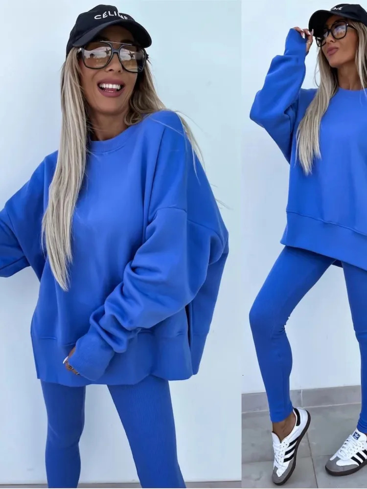 2024 Spring Autumn Womens Tight Pants Loose Slit Hoodie Set Casual Comfortable Twopiece 250211Z