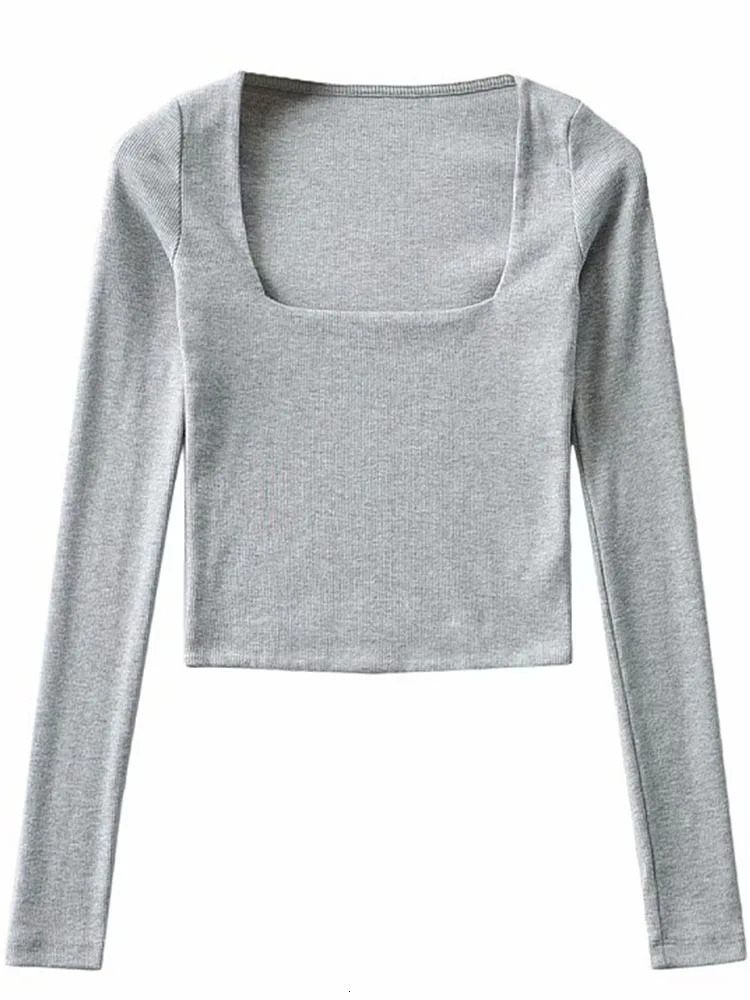 Women Cotton Ribbed Square Neck Crop Top With Long Sleeve 250114Z