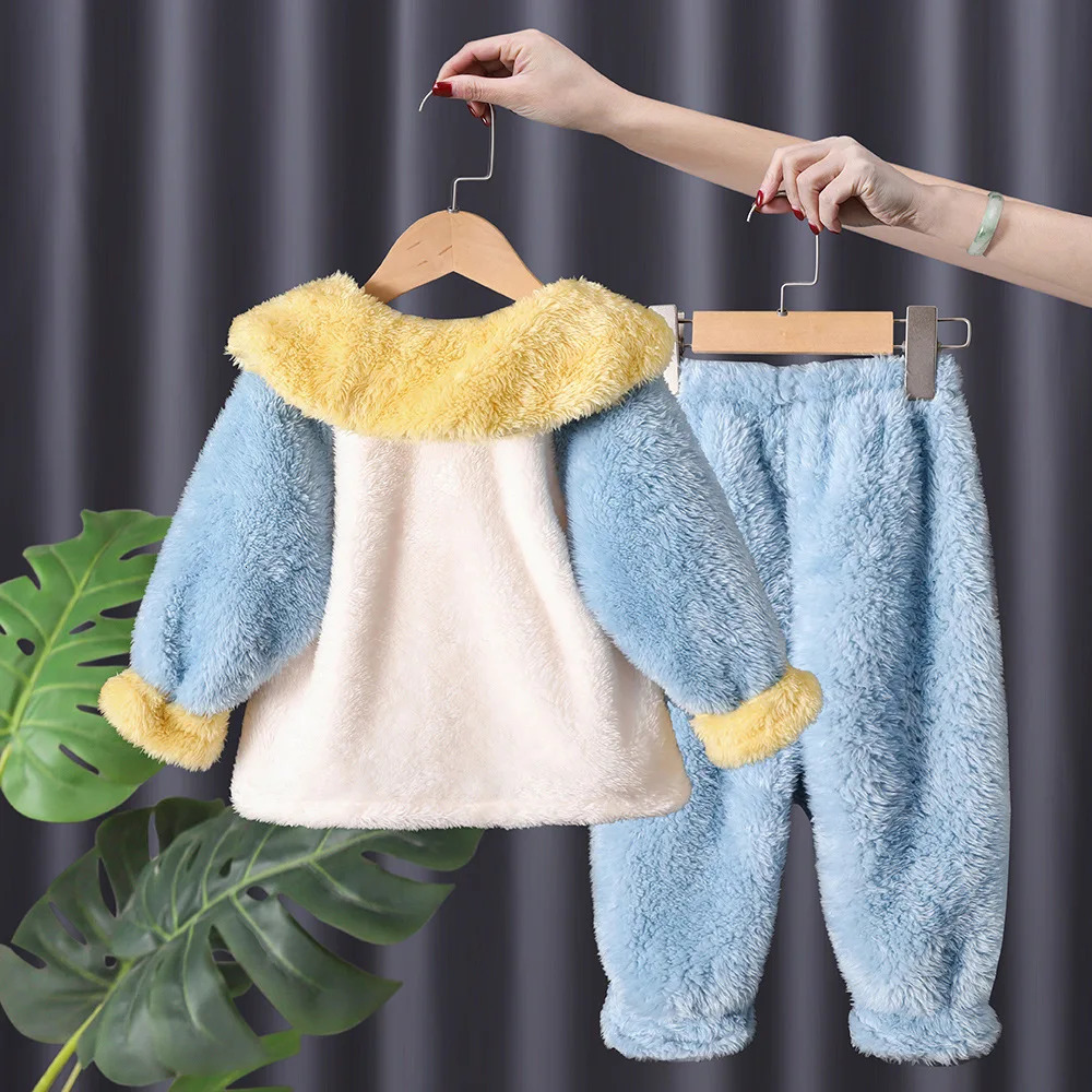 2024 Autumn Winter Kids Girls 2PCS Sleepwear Set Coral Velvet Cartoon Long Sleeve Coat Pants Sleepsuit Children Girls Pajamas 250211bj