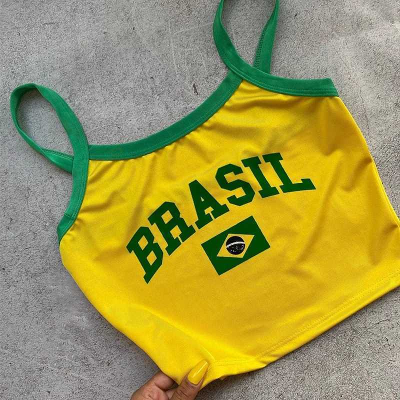Brasil Letter Printing Y2K Harajuku Gothic Womens Cropped Fashion Summer Slim Streetwear Korean Strap Sensual Tank Tops CamisXJ250212