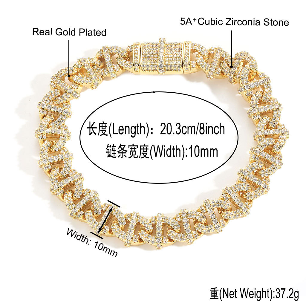 Hip Hop 10mm Men Necklace Cuban Chain Necklace Bracelet 5A Zircon Real Gold Plated Jewelry Set
