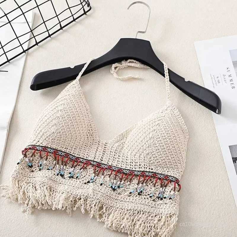 Sexy Hollow Out Underwear Women Summer Beach Short Tank Top Women Sweet Knitted Bra Tassel Women Short Top Debardeur FemmeXJ250212