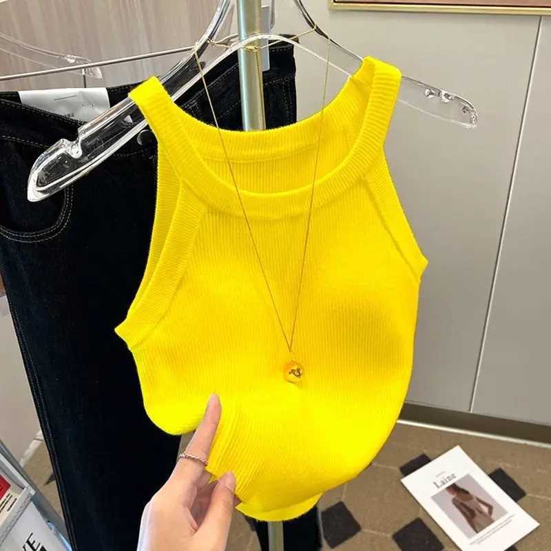 Y2k Knitted U-Neck Suspender Vest Womens Ice Silk Inner Wear Spicy Girl Camis Halter Retro Sveless Tank Crop TopXJ250212