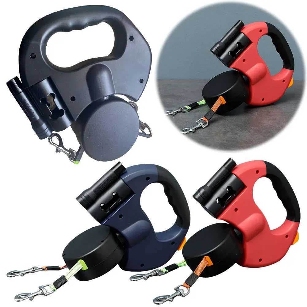 Dog Collars Double Headed Leash Walking 360 Degree Swivel Dual Pet with LED Light Retractable for 2 Dogs H250208