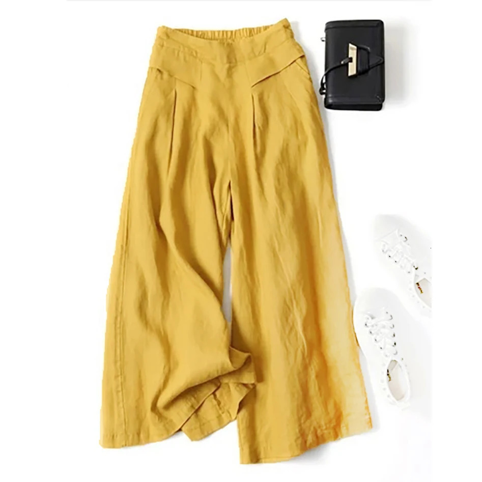 Summer for Women Cotton Linen Large Size Wide Leg Pants Femme Arts Style Elastic Waist Solid Casual Loose Pantalon Z260314