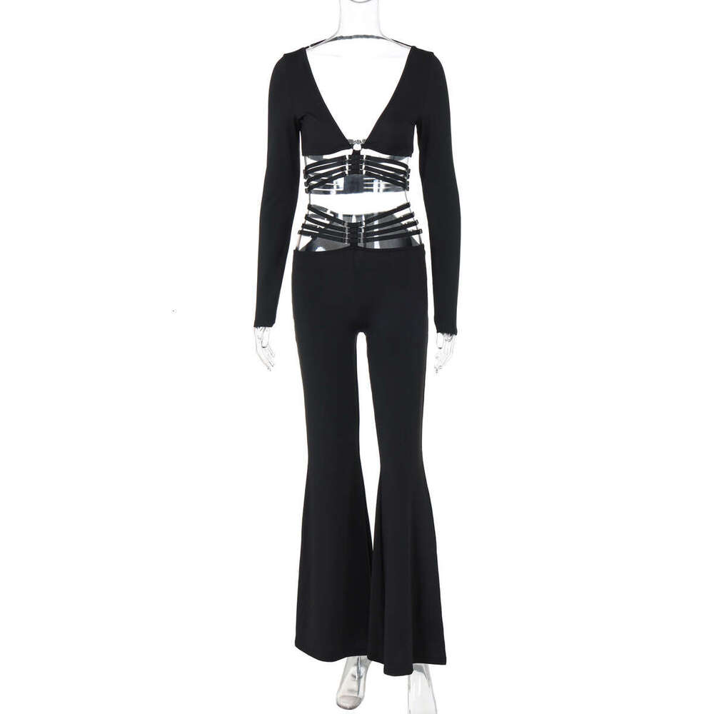 European American women's autumn products fashionable sexy V-neck long sleeved top slim fit strap wide leg pants set wholesale 2025 new style tem