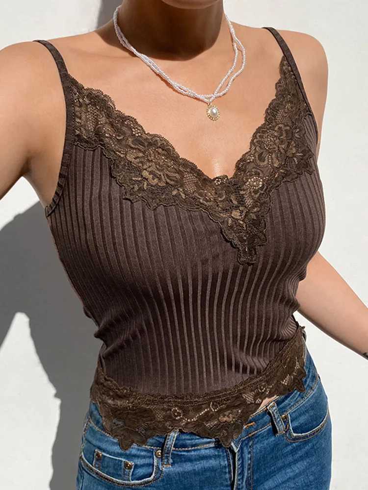 Gothic Basic Bodycon Women Camis Grunge Punk Black Casual Lace Trim Crop Tops Ribbed Backless Alt Clothes SummerXJ250212