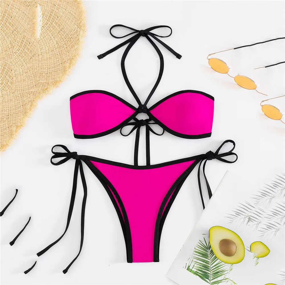 Black Halter String Micro Thong Bikini Contrast Edge Swimwear Sexy Swimsuit Women 2025 Bathing Swimming Suit Bikinis Sets Mujer 250210