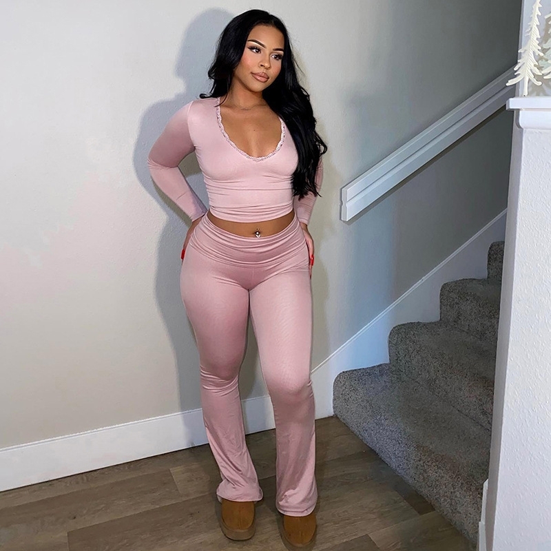Womens Tracksuits Spring New Long Sleeved Lace V-neck Short Top High Waist Long Pants Casual Home Set 7 Colors