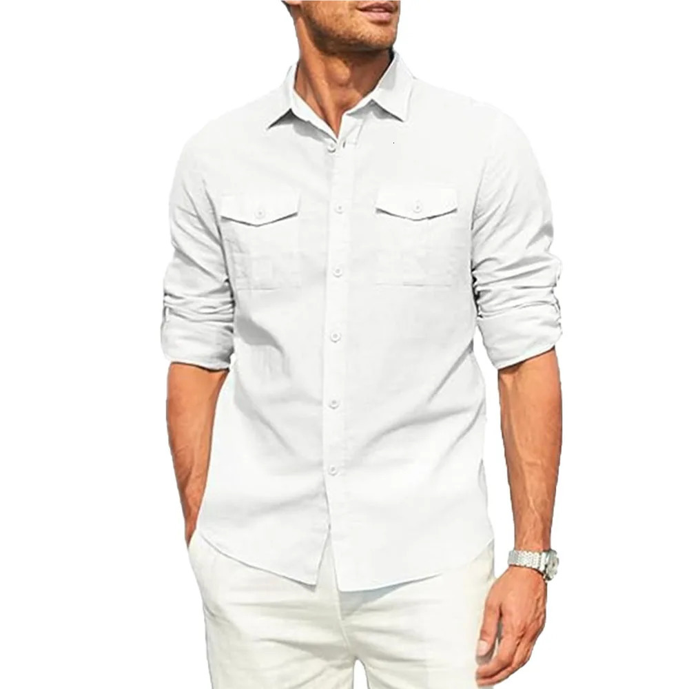 Mens Shirt Double Pocket Cotton Linen Long Sleeve Shirt Casual Holiday Shirt Simple Lapel Solid Cargo Shirts Tops Blouses 250211