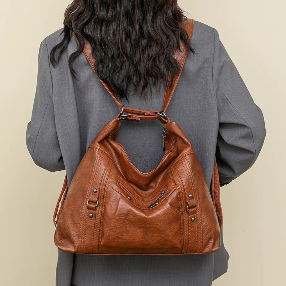 Vintage Women's Backpacks Soft PU Leather Shoulder Solid Color Back Pack Ladies Multi-Functional Casual Tote Bag Sac A Main