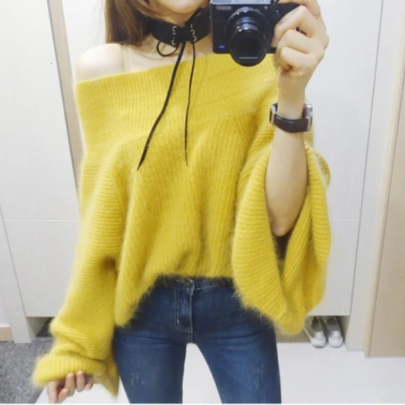 Sexy Off Shoulder Knitted Sweater Women Solid Loose Flare Sleeve Pullover Female Slash neck Mink Cashmere Sweater Jumpers 250210