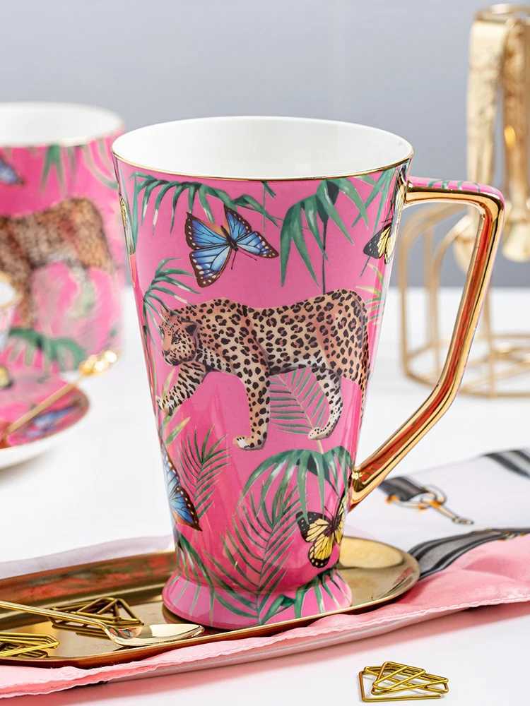 Cups Saucers Creative Pink Bone China Mug Leopard Forest Cheetah Ceramic Coffee Cup Milk Water Afternoon Tea Party Drinking Drinkware CL250212