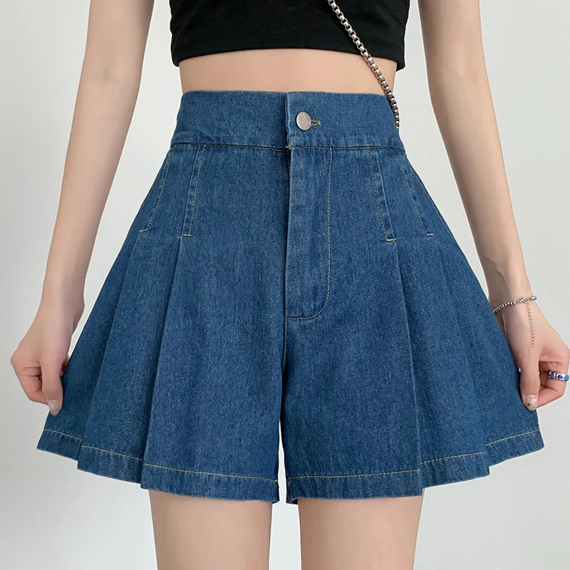 DFRCAEG Summer Plus Size Denim Shorts For Women High Elastic Waist Blue Or Sky Blue Pleated Mini Large Size Short Femme 250212