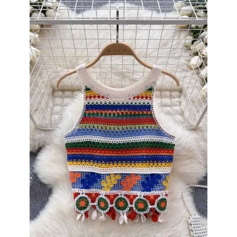 Bohemian Tank Tops Women Knitted Retro Crochet Design Colorful Short Vacation Strap Vest 2024 New Neck Hanging Outwear TanksXJ250212