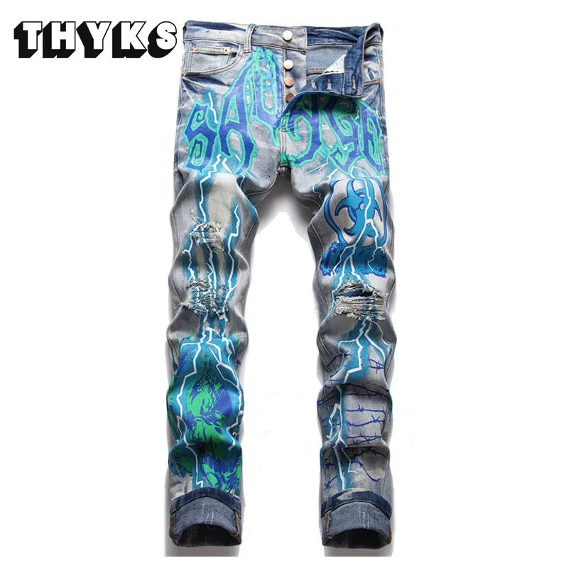 American Punk Jeans Mens Printed Hip Hop Streetwear Casual Pants Slim Fit Harakuju Vintage Denim Trousers Male Y2k Clothes Men 250211