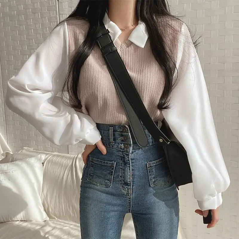 Women Two Pieces Long Sleeve Turn Down Collar Patchwork Thread Tshirts Autumn Spring Loose Korean Tee Tops CDPFWYP6890 250114Z