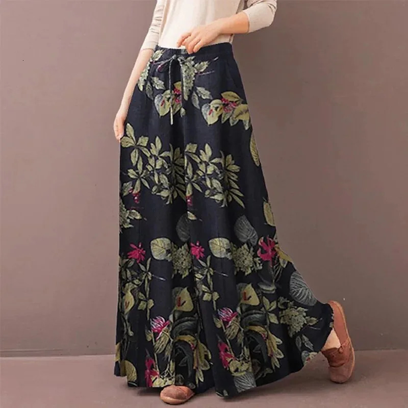 Women Floral Print Wide Leg Pants Spring Autumn Fashion Drawstring Bohemia Trousers Ladies Casual Loose Elastic Waist Pantalon 250211