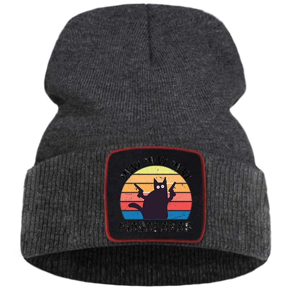 Pew Madafakas Cat Sklies Hat Solid Color Warm Bonnet Cap Casual Hip Hop Beanie Caps Outdoor Cartoon Print Knitted Hats X250212