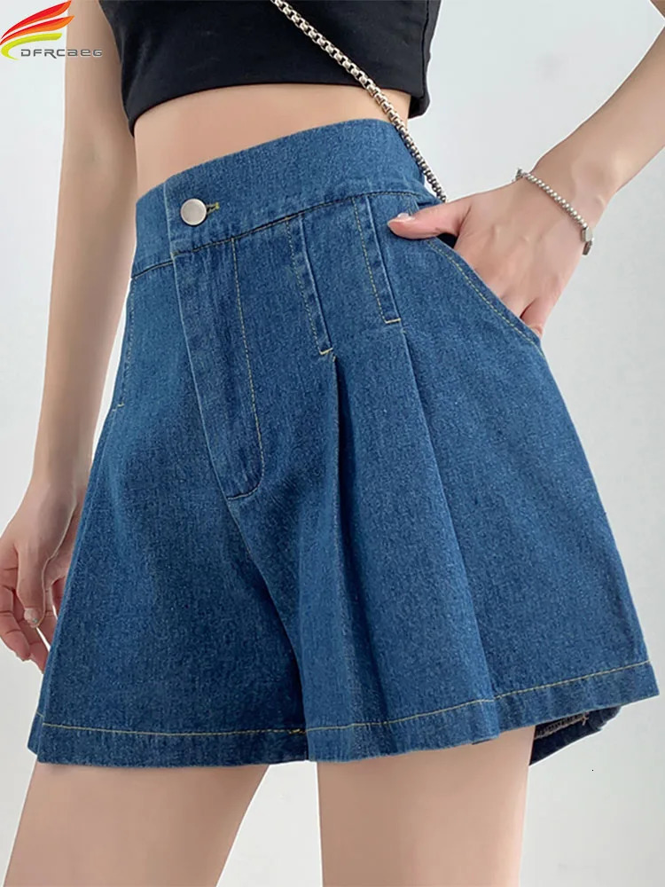 DFRCAEG Summer Plus Size Denim Shorts For Women High Elastic Waist Blue Or Sky Blue Pleated Mini Large Size Short Femme 250212