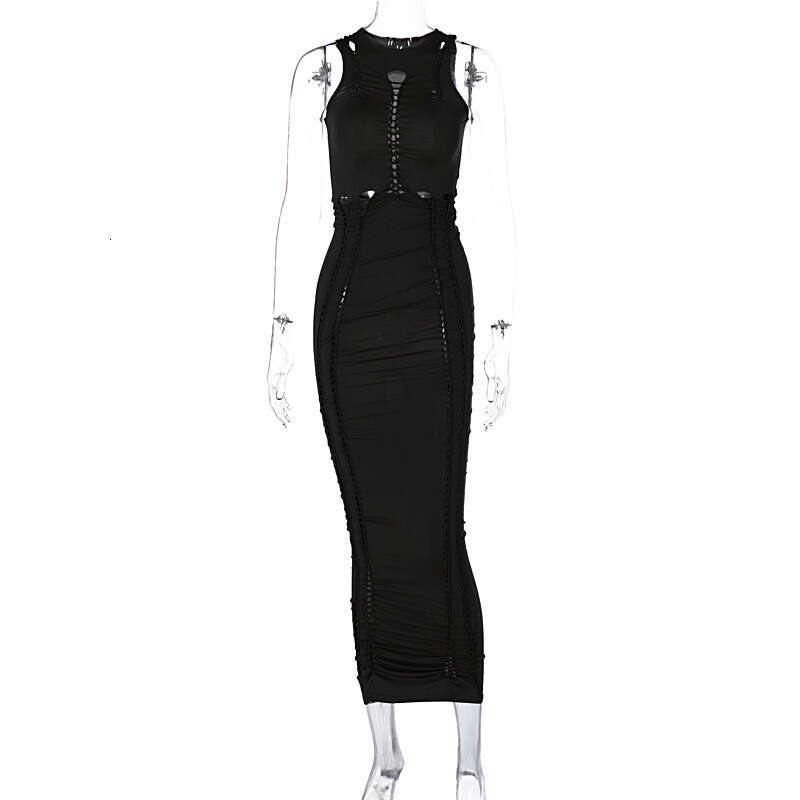 European and American women's summer product fashionable solid color hollow out slim fit round neck sleeveless dress wholesale 2025 new style tem