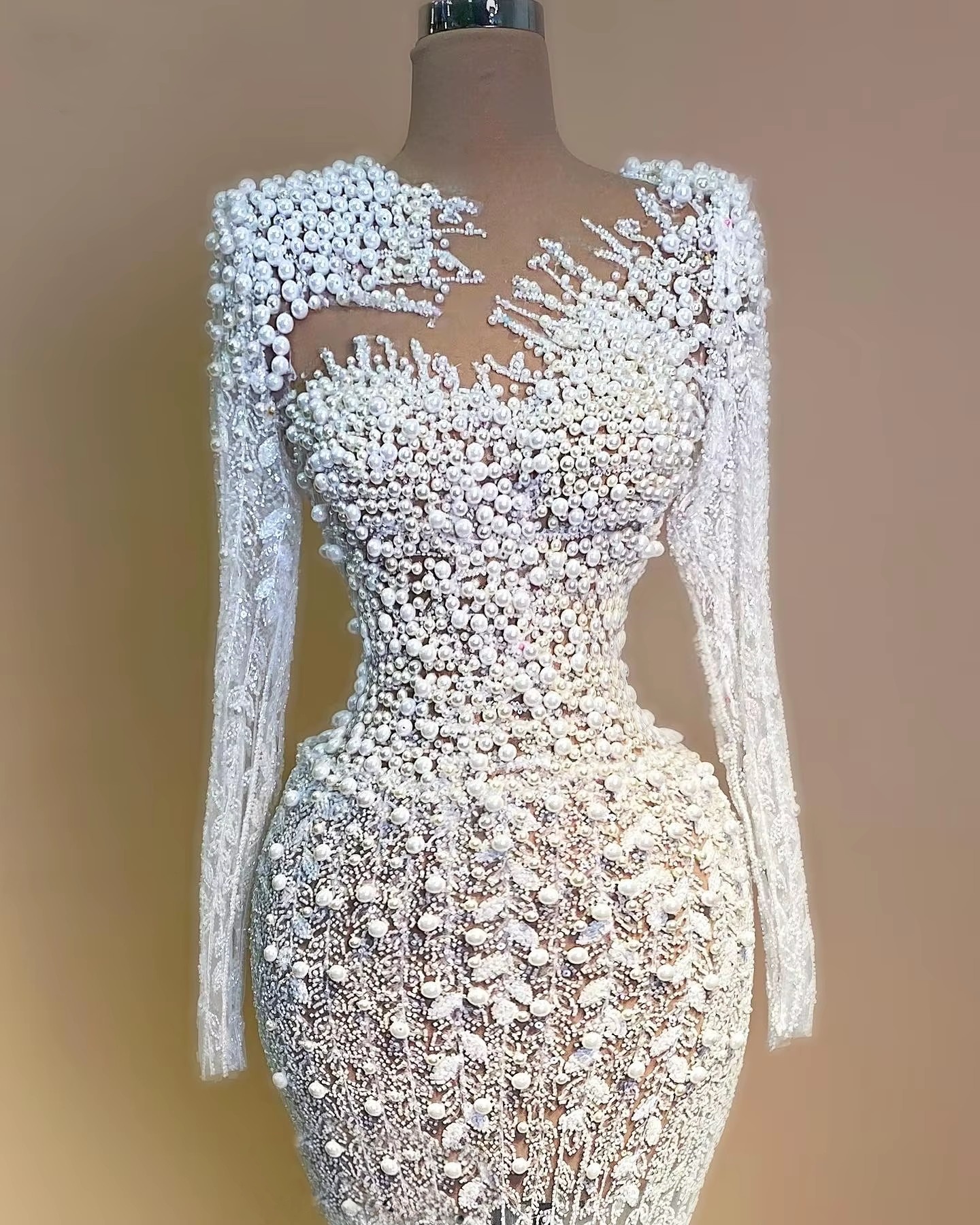 Gorgeous Pearls Wedding Dresses Sequins Mermaid Bridal Gowns with Overskirts Beading Long Sleeves Customized Princess Sweep Train Bride Dress Vestidos