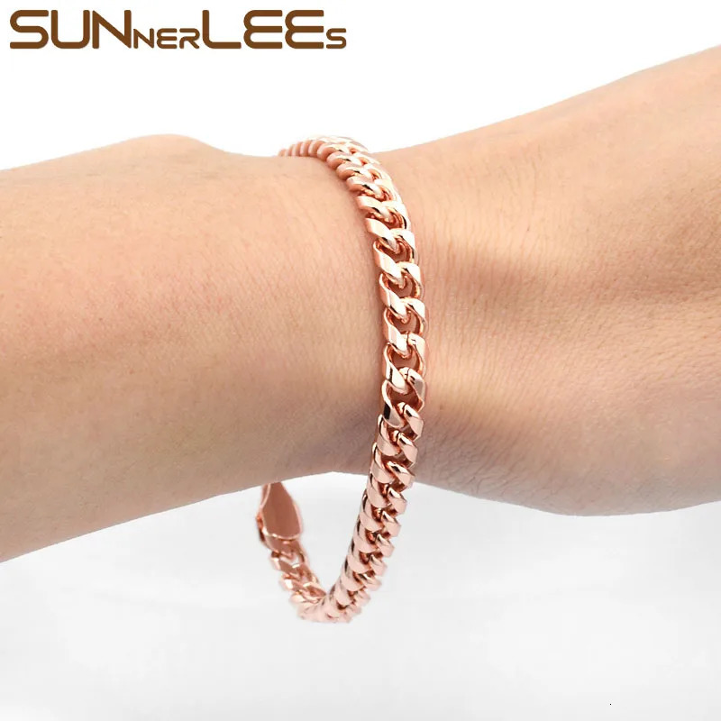 SUNNERLEES Fashion Jewelry Rose Gold Plated Bracelet 6mm Curved Cuban Chain Mens and Womens Gift C71 250211