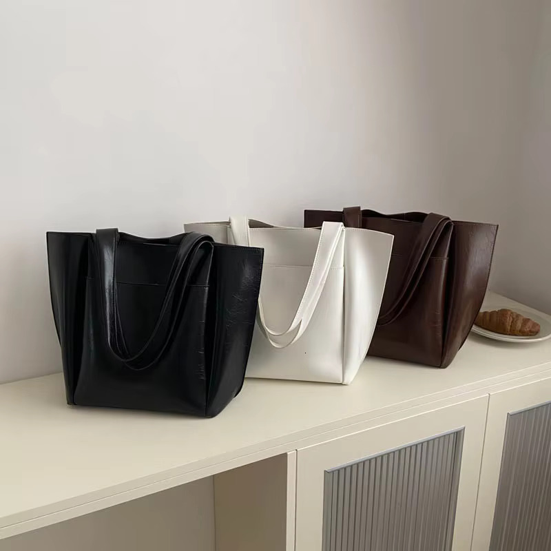 Large Retro PU Leather Shoulder Bag For Women 2024 Y2K Korean Fashion Simple Handbags And Purses Females Solid Color Tote Bags