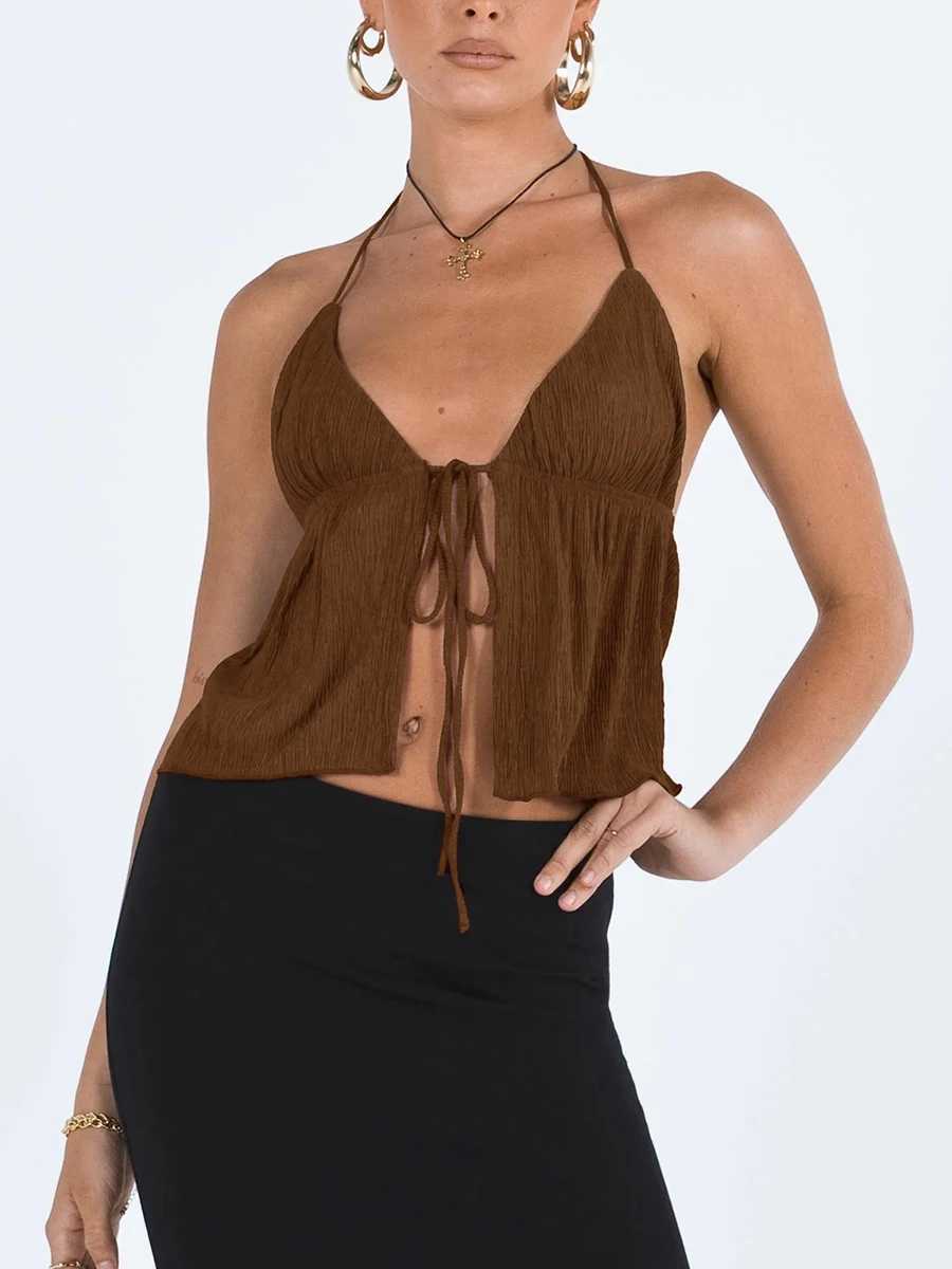 Women Y2k Front Tie Crop Tops Halter Neck Flowy Plisse Summer Going Out Top Sexy Split Sveless Cami Shirt StreetwearXJ250212