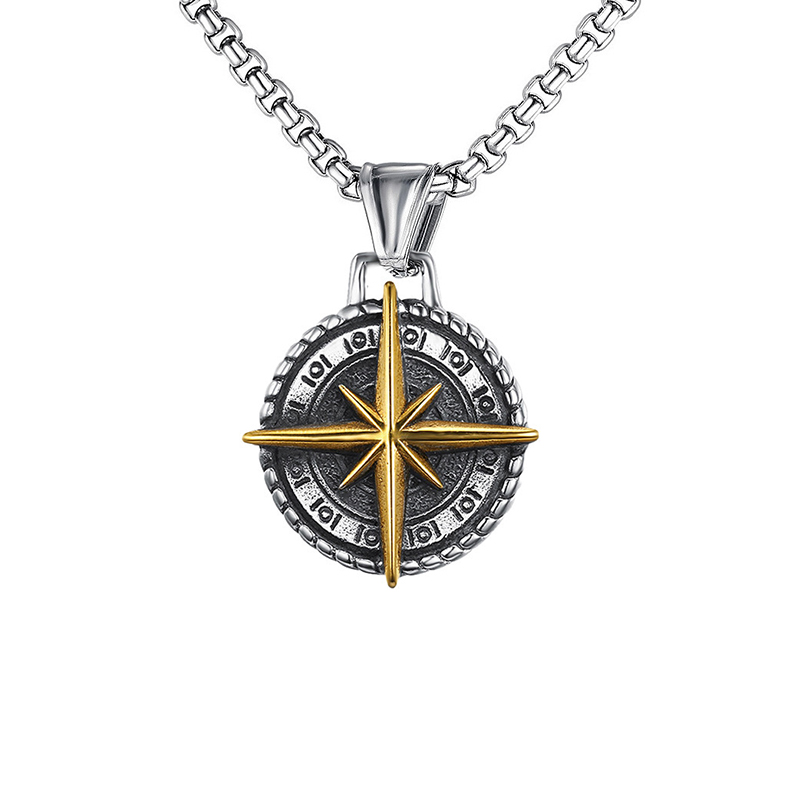 Hip Hop Vintage Stainless Steel Compass Pendant Necklace 18K Gold Plated Men Jewelry