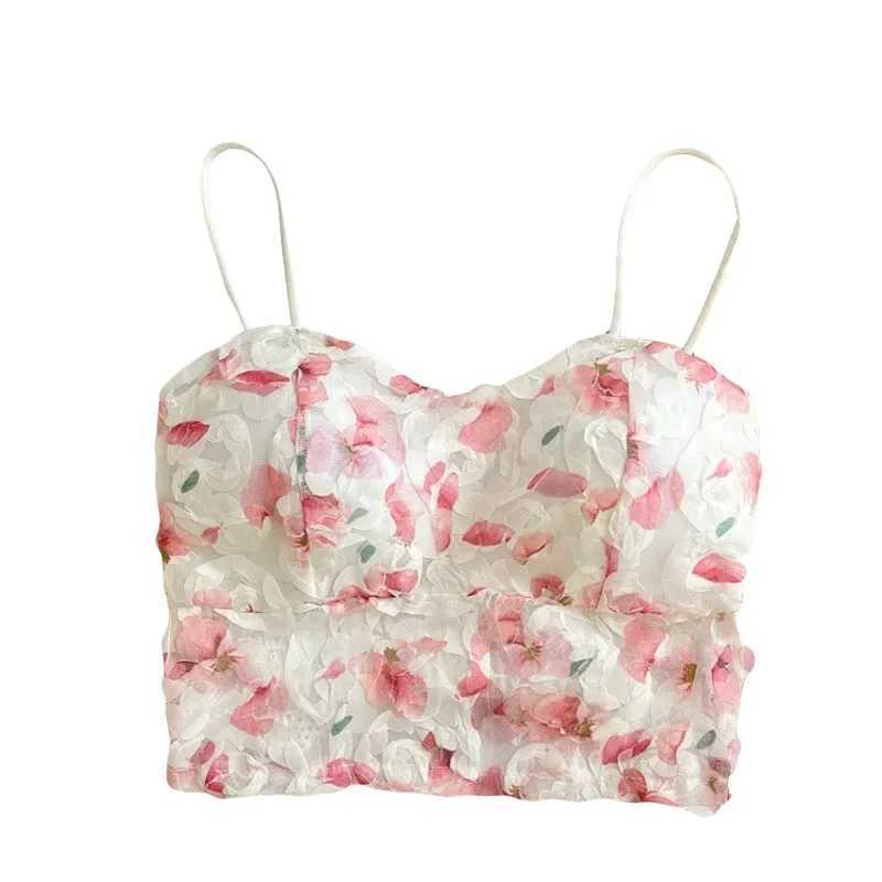 2024 Summer Sweet Floral Corset Vest Office Lady Beach Style Sveless Blouse Women Vintage Lace Slim Crop Top Korean FashionXJ250212