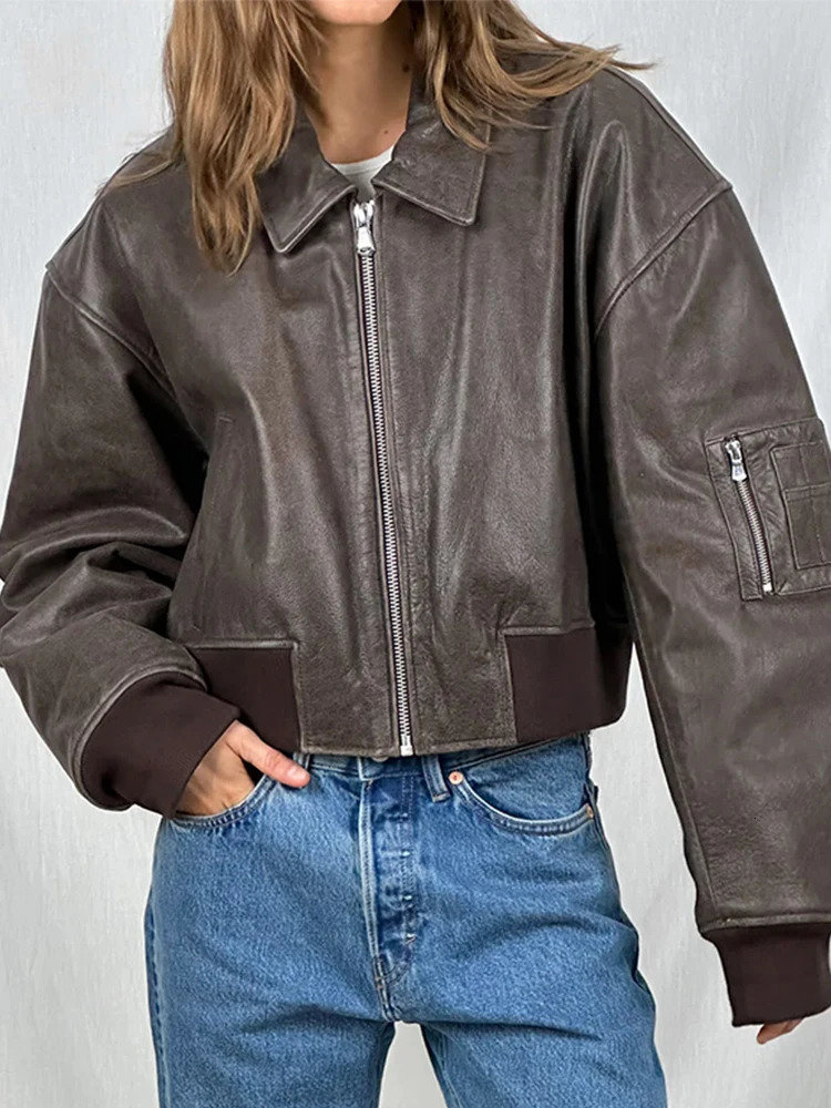 Women Zipper Leather Bomber Jackets Loose Turn-down Collar Vintage Pocket Short Outwear Long Sleeve Street Motorcycle Loose Tops 250211