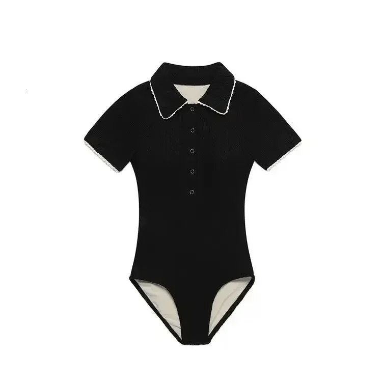 Womens One-piece Swimsuit Short Sleeve Polo Collar Slim Black Bathing Suit s Kawaii Swimwear Beach Vacation Swimming Suit 250210