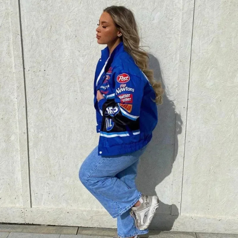 Zekye-Motorcycle Jacket for Women Long Sleeve Racing Baseball Jacket Varsity Blue Printed Casual Loose Coat Spring 250212