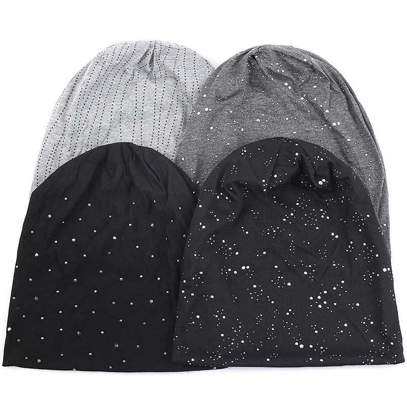 Wen Fashion Winter Warm Cotton Rhinestone Beanies Sklies Hat For Femme Baggy Slouchy Elastic Metallic Solid Skl Hats X250212