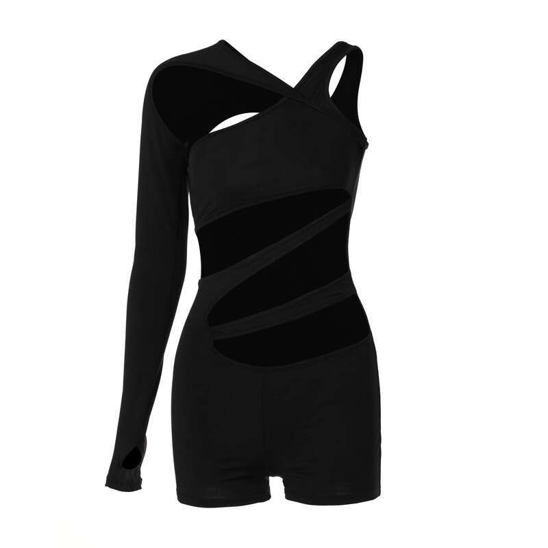 European and American women's summer solid color slim fit hollow out single shoulder sleeve short jumpsuit wholesale 2025 new casual versatile fa