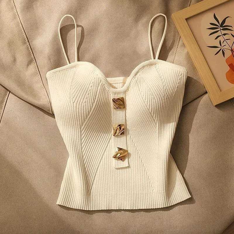Summer Cross-Knit Suspender WomenS French Style Sexy Beauty Camisole Slim Fit Sveless T-Shirt No Chest Pad Short Tank TopsXJ250212