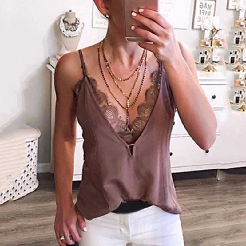 Fashion Casual Sexy Solid Vest Women Summer Ladies Sveless Lace Patchwork Mesh Loose Vest Deep V-Neck Cami Soft Tank TopsXJ250212