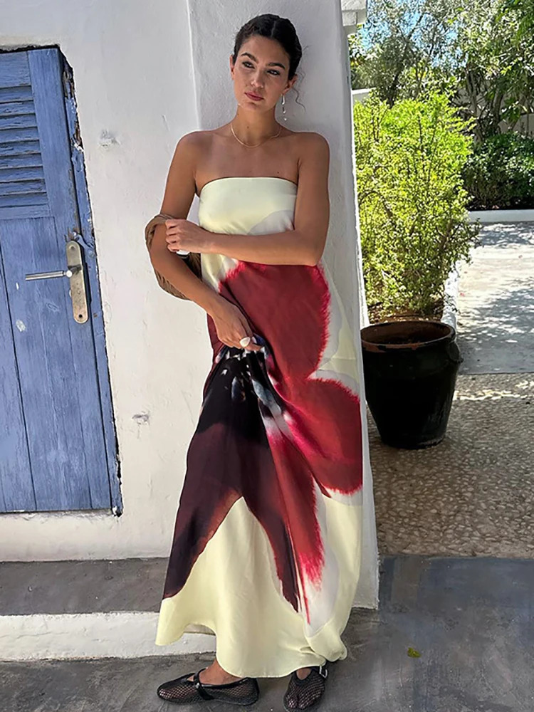 JULISSA MO Sexy Strapless Print Floral Belt Women Maxi Dress Yellow Backless Vacation Dress Autumn Loose Elegant Party Beachwear 250211