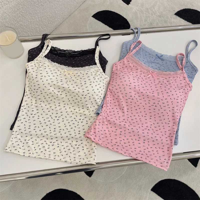 Summer Print Crop Tops for Women Bow Lace Camisole Sexy Backless Vest with Padded Basic Tank Top Bm Style Camis Y2k StreetwearXJ250212