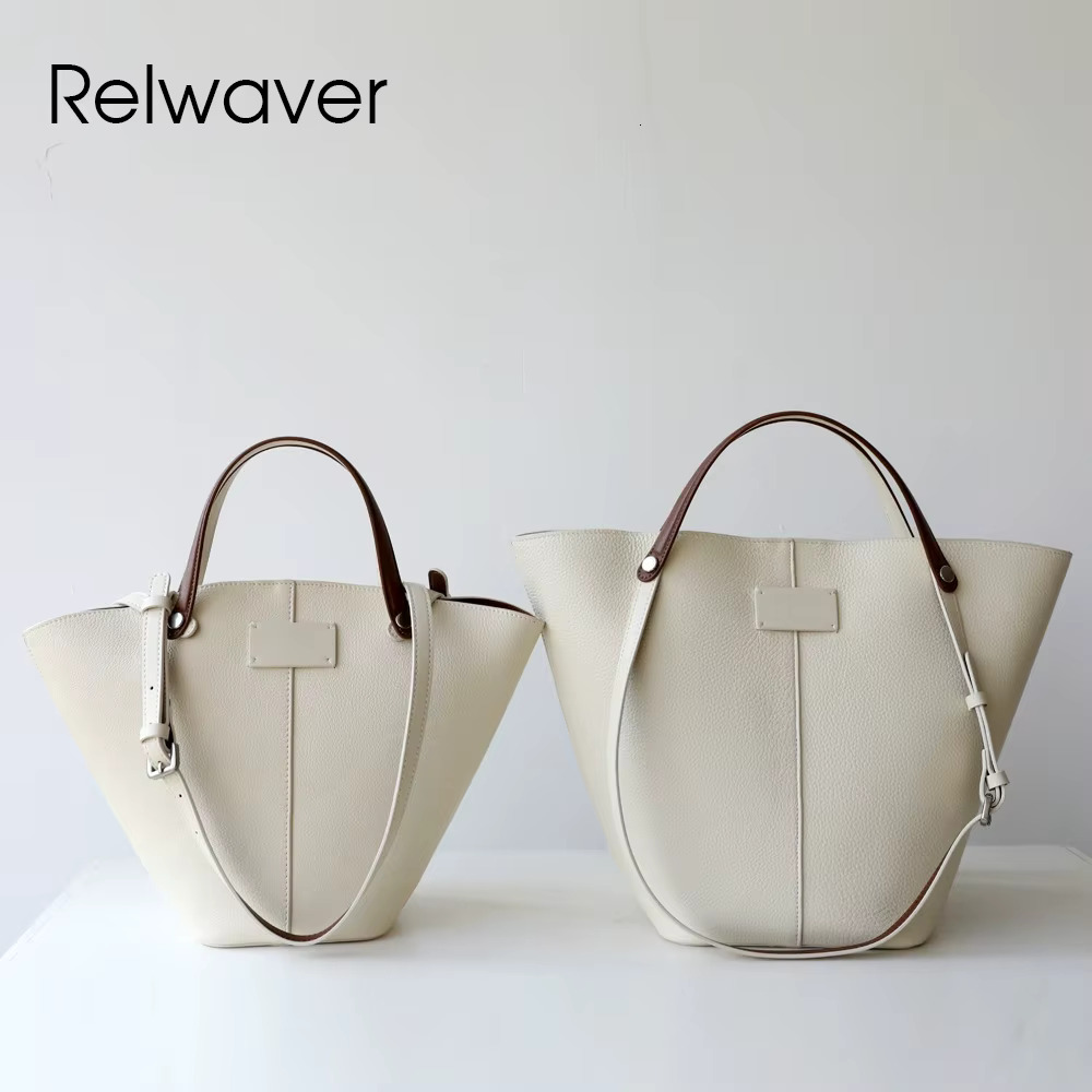 Relwaver Bucket Second Layer Cowhide Hand 2025 Spring Summer White Shoulder Chic Daily Women Bag