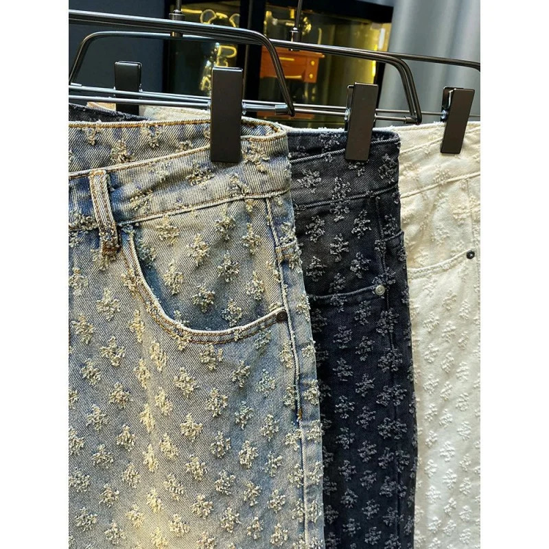 American Scratched Trendy Denim Shorts Mens Fashion Loose Straight Leg Casual Split Mid Pants Summer Thin Style 250211
